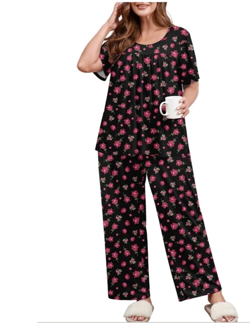 NWT ~ Women's 2pc Black Floral Pink Roses Pajamas Loungewear Set ~ Plus Size 4X